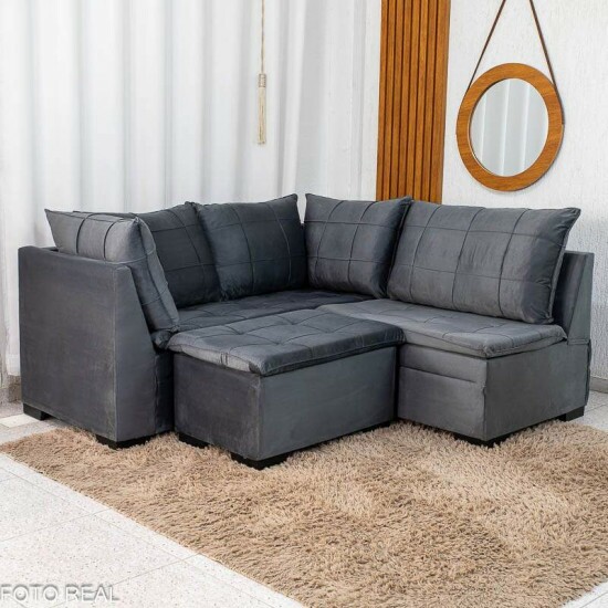 Sof� Canto 5 lugares com Puff Viena Veludo Grafite A15