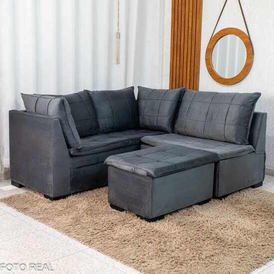 Sof� Canto 5 lugares com Puff Viena Veludo Grafite A15