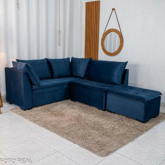 Sof� Canto 5 lugares com Puff Viena Veludo Azul A16