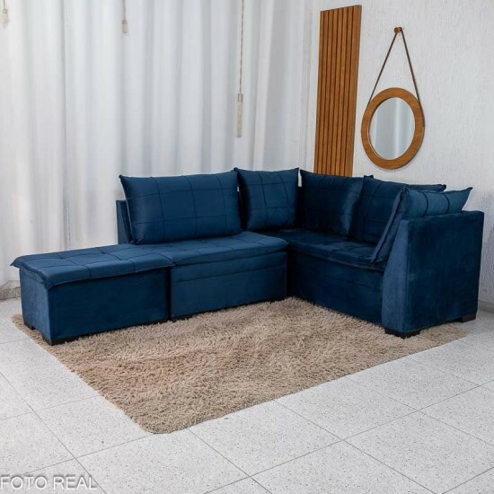 Sof� Canto 5 lugares com Puff Viena Veludo Azul A16