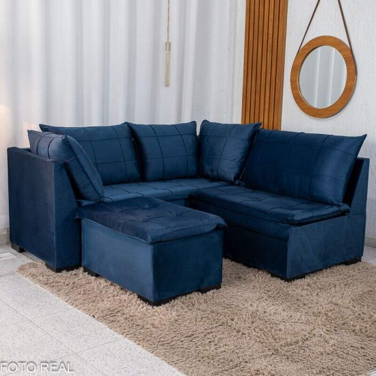 Sof� Canto 5 lugares com Puff Viena Veludo Azul A16