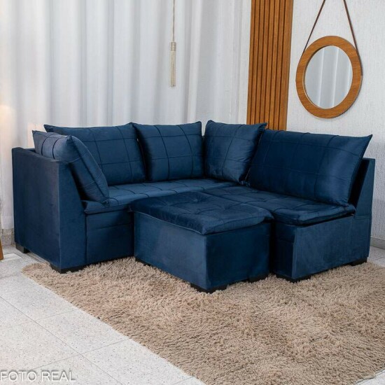 Sof� Canto 5 lugares com Puff Viena Veludo Azul A16