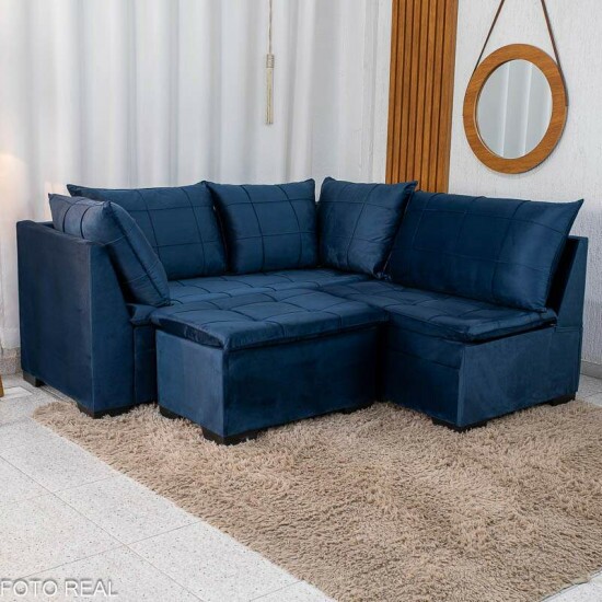 Sof� Canto 5 lugares com Puff Viena Veludo Azul A16