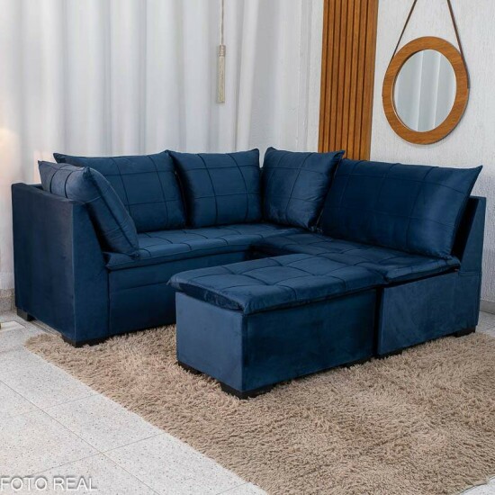 Sof� Canto 5 lugares com Puff Viena Veludo Azul A16