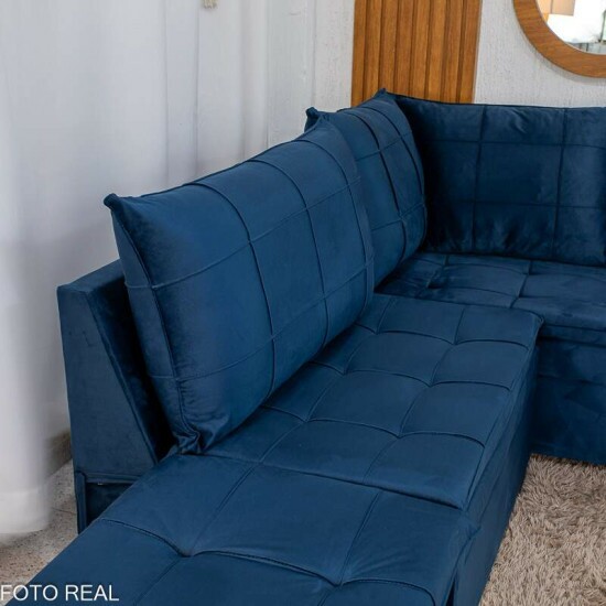 Sof� Canto 5 lugares com Puff Viena Veludo Azul A16
