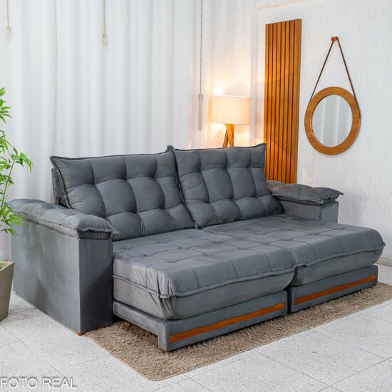 Sof� Retr�til Reclin�vel Barcelona 2.50m Veludo Chumbo 330 - D33 e Molas Ensacadas