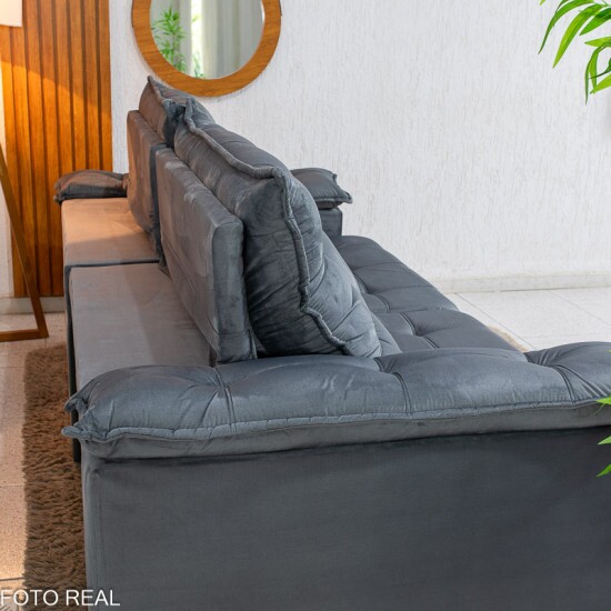 Sof� Retr�til Reclin�vel Barcelona 2.50m Veludo Chumbo 330 - D33 e Molas Ensacadas