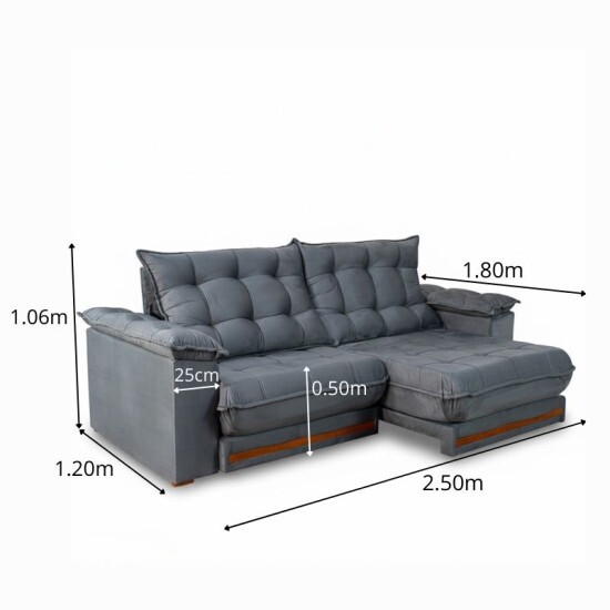 Sof� Retr�til Reclin�vel Barcelona 2.50m Veludo Chumbo 330 - D33 e Molas Ensacadas