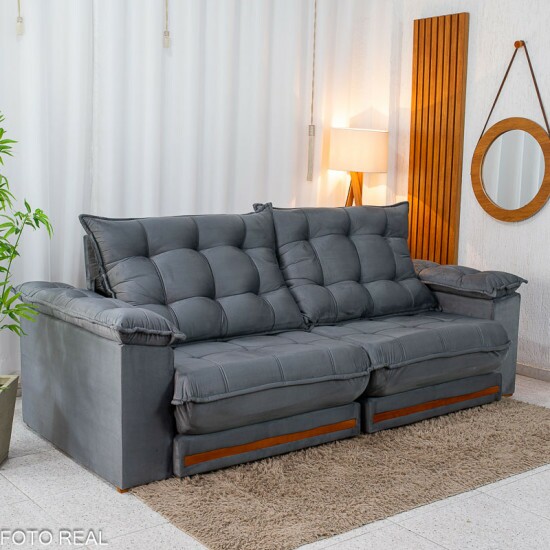 Sof� Retr�til Reclin�vel Barcelona 2.50m Veludo Chumbo 330 - D33 e Molas Ensacadas