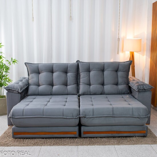 Sof� Retr�til Reclin�vel Barcelona 2.50m Veludo Chumbo 330 - D33 e Molas Ensacadas