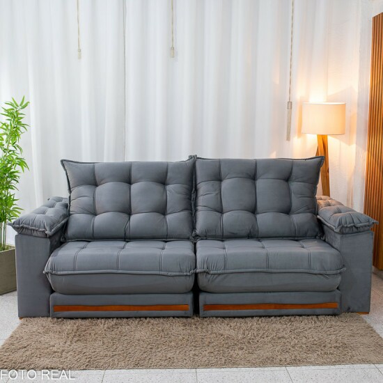 Sof� Retr�til Reclin�vel Barcelona 2.50m Veludo Chumbo 330 - D33 e Molas Ensacadas