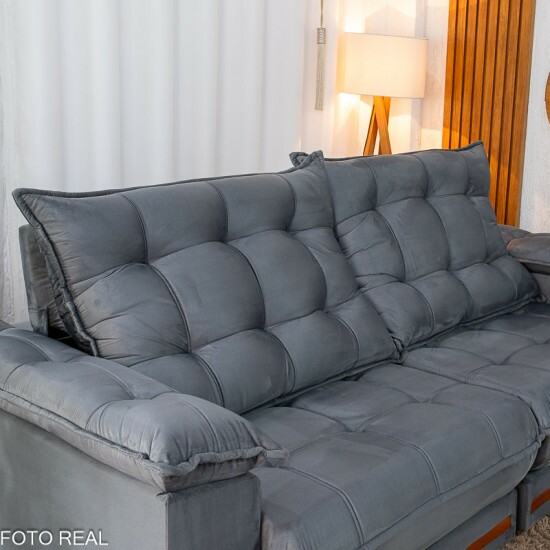 Sof� Retr�til Reclin�vel Barcelona 2.50m Veludo Chumbo 330 - D33 e Molas Ensacadas