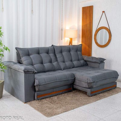 Sof� Retr�til Reclin�vel Barcelona 2.30m Veludo Chumbo 330 - D33 e Molas Ensacadas