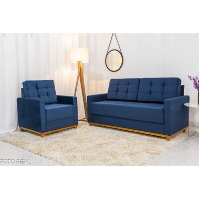 Sof� �ustria 3 Lugares + Poltrona �ustria Veludo Azul A16