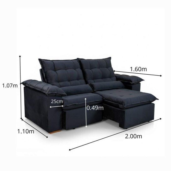 Sof� Retr�til Reclin�vel Emanuelly 2.00m Veludo Preto 21