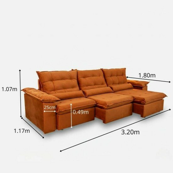 Sof� Retr�til Reclin�vel Emanuelly 3.20m Veludo Terracota 24