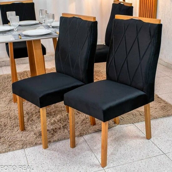 Mesa de Jantar Atlanta Redonda 120cm Vidro Preto Base Minas Plac + 4 Cadeiras Lisboa Veludo Preto 504 Art Assento - Entregue Montada