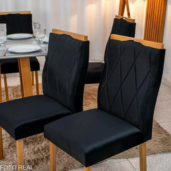 Mesa de Jantar Atlanta Redonda 120cm Vidro Preto Base Minas Plac + 4 Cadeiras Lisboa Veludo Preto 504 Art Assento - Entregue Montada