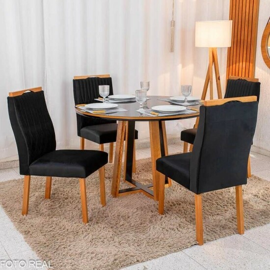 Mesa de Jantar Atlanta Redonda 120cm Vidro Preto Base Minas Plac + 4 Cadeiras Lisboa Veludo Preto 504 Art Assento - Entregue Montada