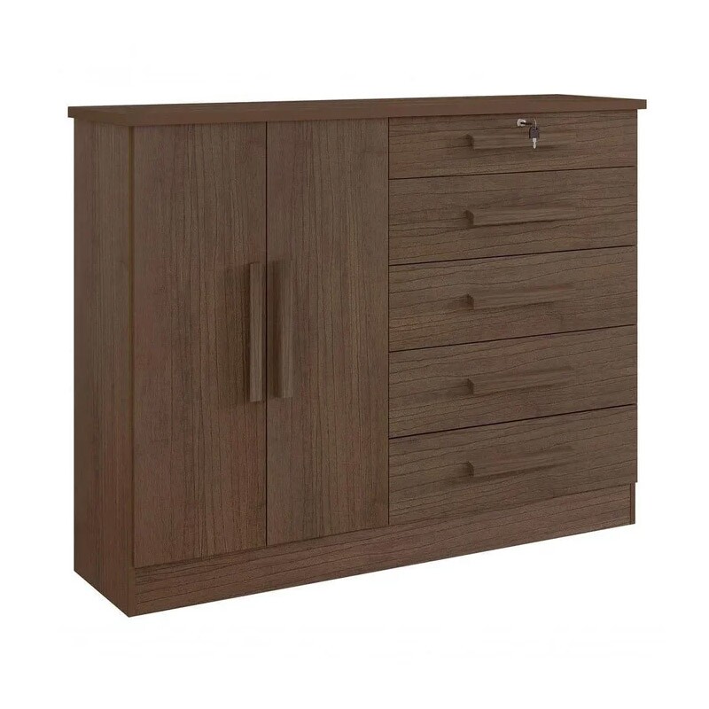 Cômoda New Athos Castanho 5 Gavetas e Sapateira Larg. 1.36m - D