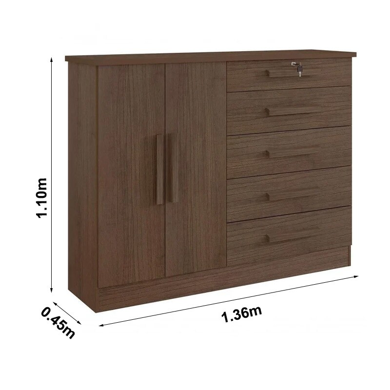 Cômoda New Athos Castanho 5 Gavetas e Sapateira Larg. 1.36m - D