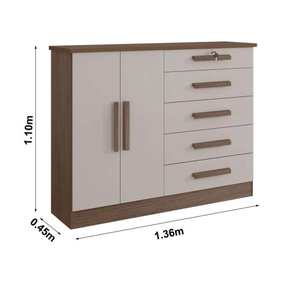 C�moda New Athos Castanho/Off 5 Gavetas e Sapateira Larg. 1.36m - D Doro