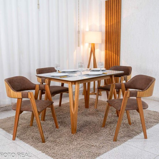 Mesa de Jantar Siena 120x90 Vidro Off Base Madeira + 4 Cadeiras Floren�a Madeira Korino Marrom 671 - Art Assento