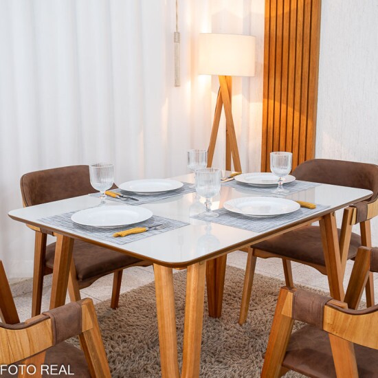 Mesa de Jantar Siena 120x90 Vidro Off Base Madeira + 4 Cadeiras Floren�a Madeira Korino Marrom 671 - Art Assento