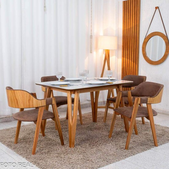 Mesa de Jantar Siena 120x90 Vidro Off Base Madeira + 4 Cadeiras Floren�a Madeira Korino Marrom 671 - Art Assento