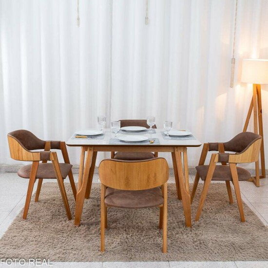 Mesa de Jantar Siena 120x90 Vidro Off Base Madeira + 4 Cadeiras Floren�a Madeira Korino Marrom 671 - Art Assento