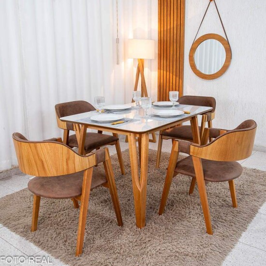 Mesa de Jantar Siena 120x90 Vidro Off Base Madeira + 4 Cadeiras Floren�a Madeira Korino Marrom 671 - Art Assento