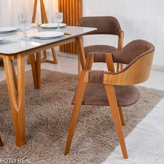 Mesa de Jantar Siena 120x90 Vidro Off Base Madeira + 4 Cadeiras Floren�a Madeira Korino Marrom 671 - Art Assento