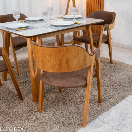 Mesa de Jantar Siena 120x90 Vidro Off Base Madeira + 4 Cadeiras Floren�a Madeira Korino Marrom 671 - Art Assento