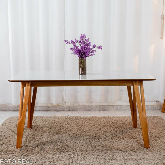 Mesa de Jantar Siena 160x90 Vidro Off Base Madeira Art Assento + 6 Cadeiras Isabela Linho Cinza 05 KM Decor - Entregue Montada
