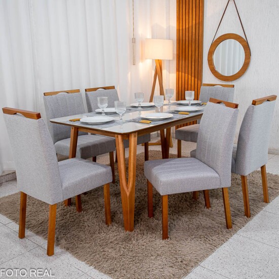 Mesa de Jantar Siena 160x90 Vidro Off Base Madeira Art Assento + 6 Cadeiras Isabela Linho Cinza 05 KM Decor - Entregue Montada