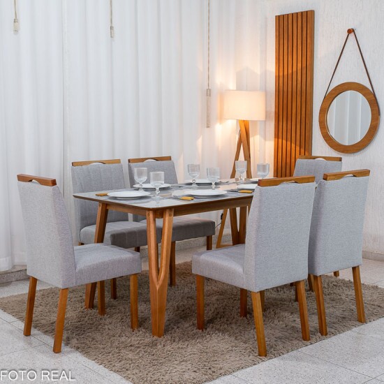 Mesa de Jantar Siena 160x90 Vidro Off Base Madeira Art Assento + 6 Cadeiras Isabela Linho Cinza 05 KM Decor - Entregue Montada