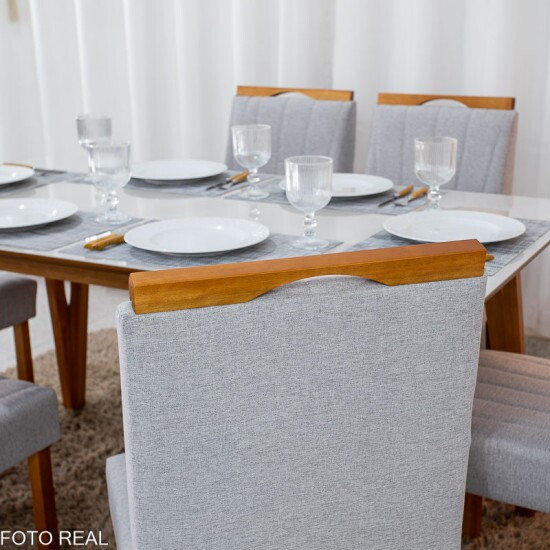 Mesa de Jantar Siena 160x90 Vidro Off Base Madeira Art Assento + 6 Cadeiras Isabela Linho Cinza 05 KM Decor - Entregue Montada