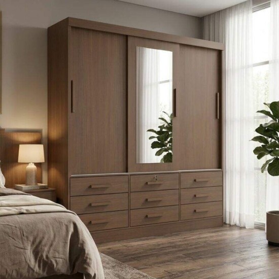 Guarda-roupa Casal Meridian Gold Castanho 3 Portas 9 Gavetas