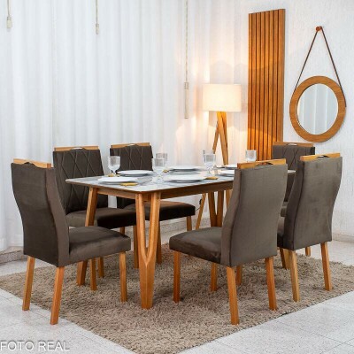 Mesa de Jantar Siena 160x90 Vidro Off/Base Madeira + 6 Cad. Lisboa Veludo Marrom 509 Madeira Art Assento - Entregue Montada
