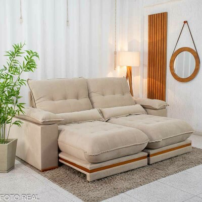 Sof� Retr�til Reclin�vel Ibis 2.30m Veludo Bege 827 - D33 e Molas Ensacadas