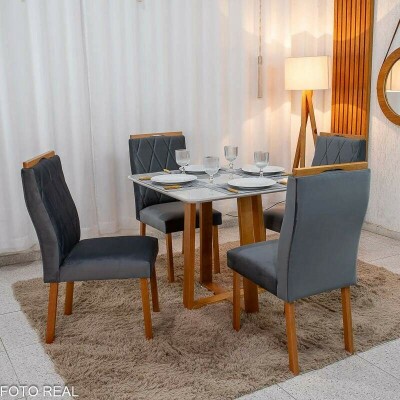 Mesa de Jantar Bali 90x90 Vidro Off/Base Madeira Minas Plac + 4 Cad. Lisboa Veludo Cinza 507 Madeira Art Assento - Entregue Montada