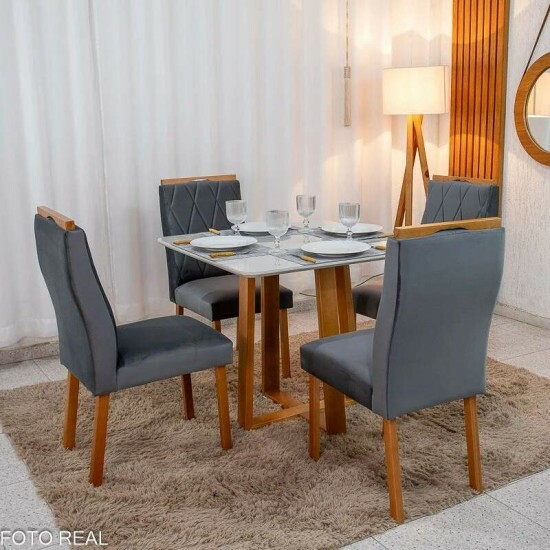 Mesa de Jantar Bali 90x90 Vidro Off Base Minas Plac + 4 Cadeiras Lisboa Veludo Cinza 507 Art Assento - Entregue Montada