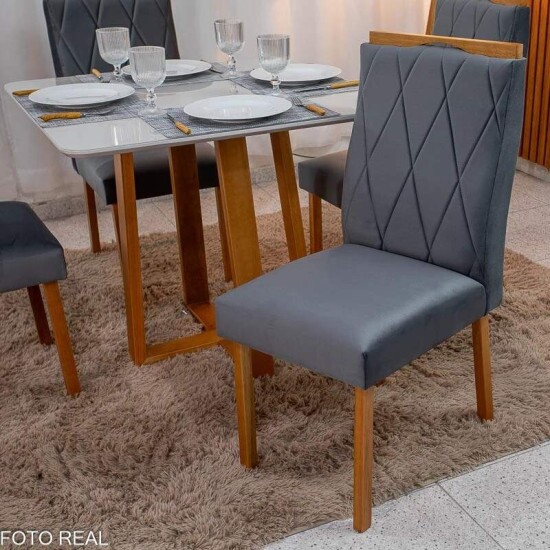 Mesa de Jantar Bali 90x90 Vidro Off Base Minas Plac + 4 Cadeiras Lisboa Veludo Cinza 507 Art Assento - Entregue Montada