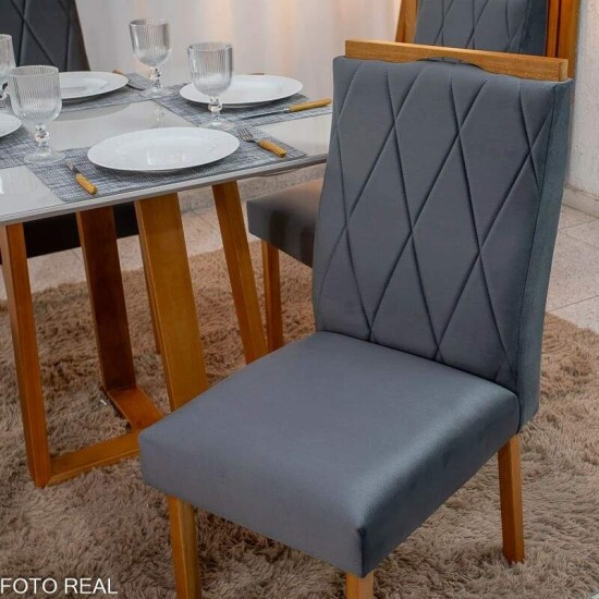 Mesa de Jantar Bali 90x90 Vidro Off Base Minas Plac + 4 Cadeiras Lisboa Veludo Cinza 507 Art Assento - Entregue Montada