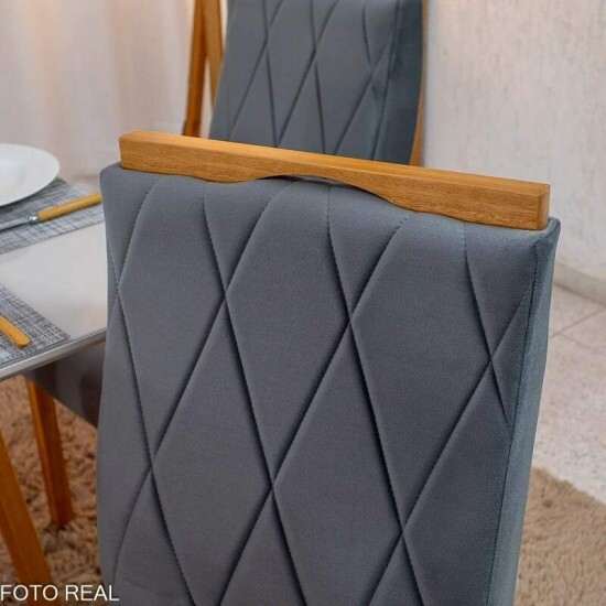Mesa de Jantar Bali 90x90 Vidro Off Base Minas Plac + 4 Cadeiras Lisboa Veludo Cinza 507 Art Assento - Entregue Montada