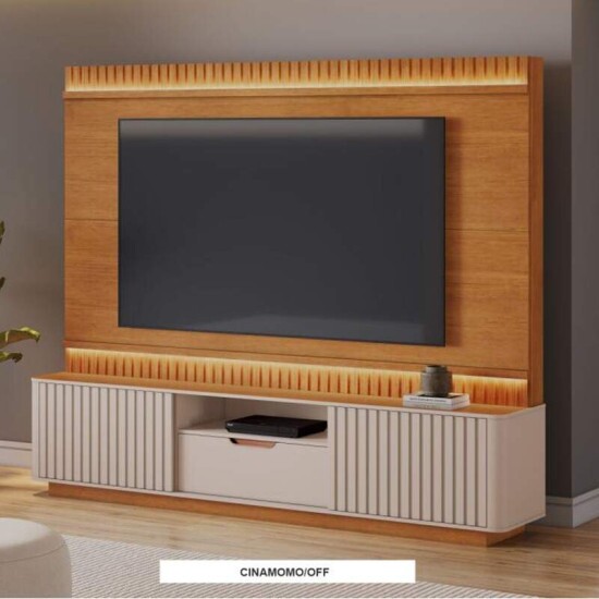 Home 2,10m Atena Candian Off/Cinamomo com Detalhe Ripado e LED para TV at� 85\" - JCM