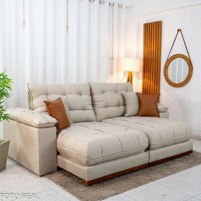 Sof� Retr�til Reclin�vel Verona 2.30m Linho Bege - Molas Ensacadas