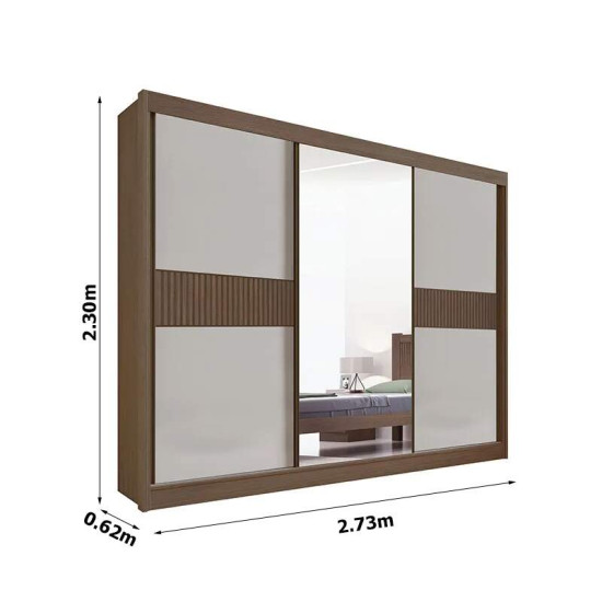 Guarda-roupa Casal 2,73m Los Angeles Castanho/Off Ripado 3 Portas 6 Gavetas 100% MDF com 1 Espelho Portas Flex - D Doro