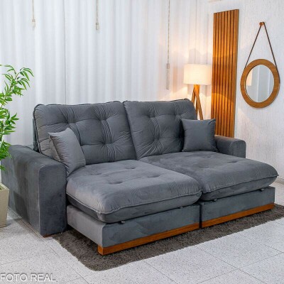 Sof� Retr�til Reclin�vel Ruah 2.50m Veludo Chumbo 4053 - Molas Ensacadas