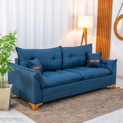 Sof� 3 Lugares Creta Linho Azul 28 Larg. 2.00m - Molas bonnel